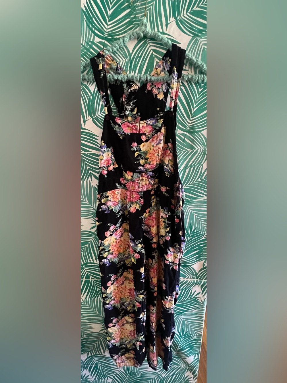 Star of India black w/ pink floral overalls/ romper sz M vintage distressed crop